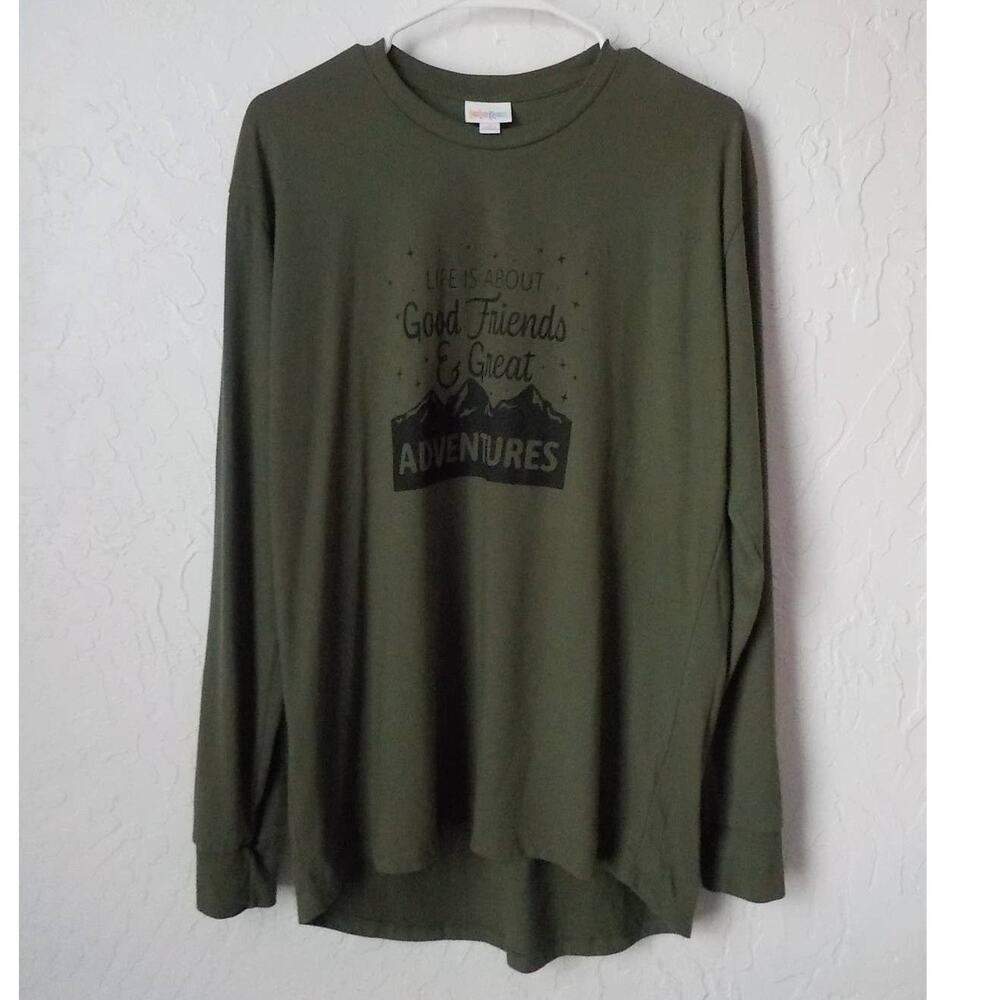 LulaRoe Green Graphic T-Shirt Men size Small Long Sleeves Good Friends Outdoors